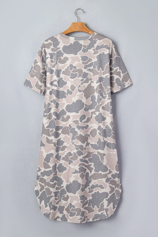 Camo Short Sleeve Drop Shoulder Side Slit Dress
