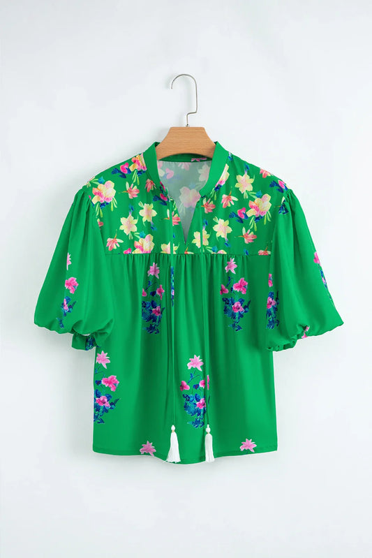 Floral Tassel Tie Split Neck Short Sleeve Blouse