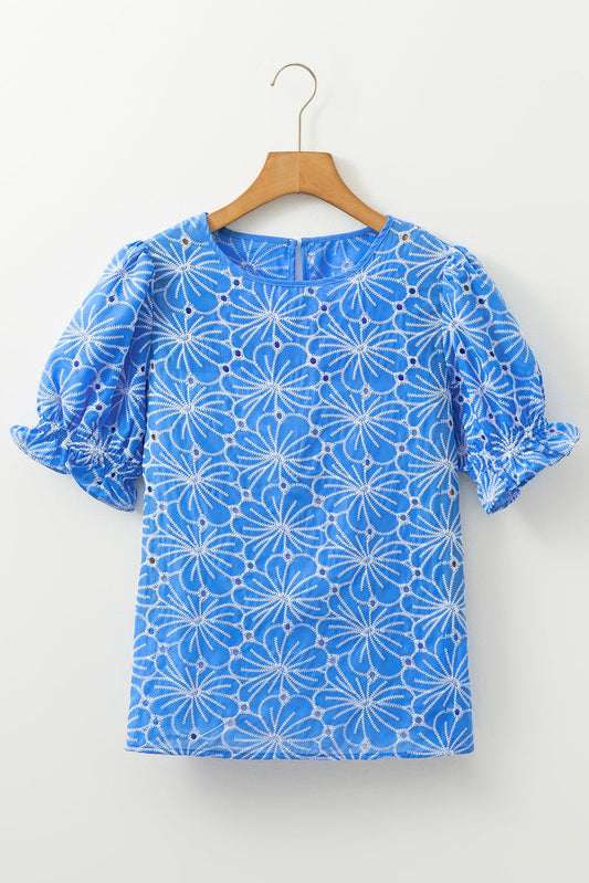 Flower Embroidered Eyelet Frilled Puff Sleeve Blouse