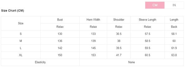 Size chart in centimeters for clothing measurements with a pink border.