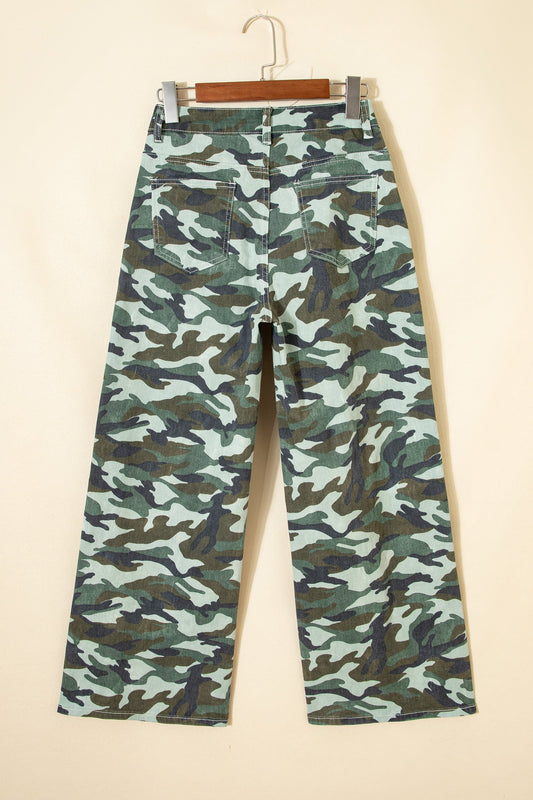 Camo Wide Leg Drawstring Denim Pants