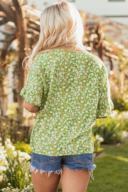 Floral Ruffle Sleeve V-Neck Blouse
