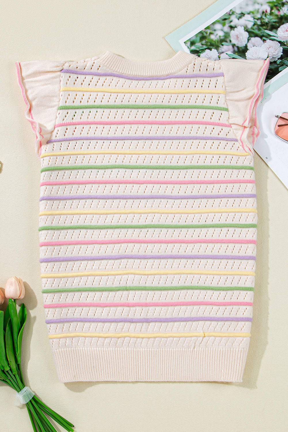 Stripe Eyelet Knit Ruffle Sleeve Sweater