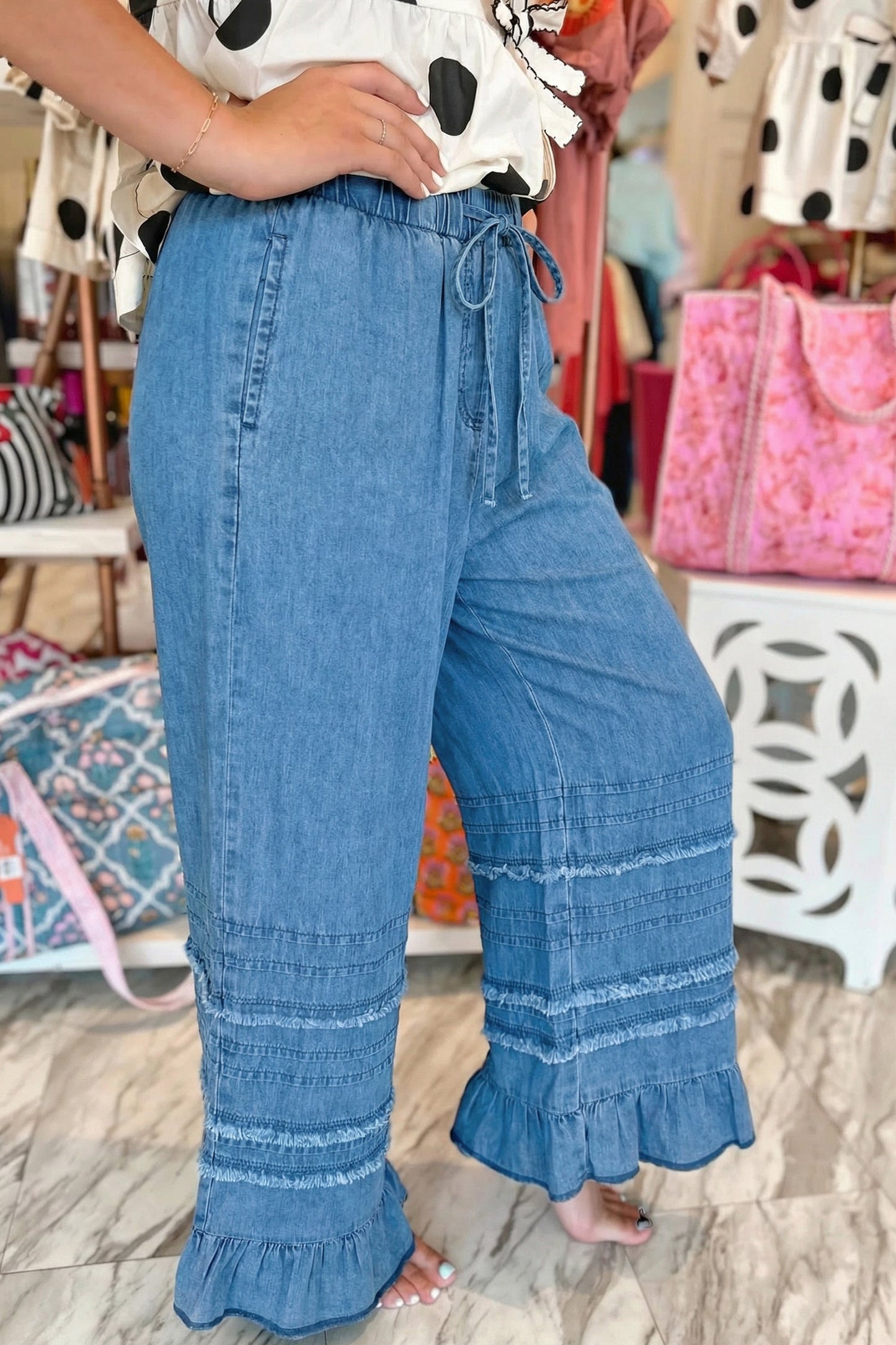 Denim Chambray Ruffle Hem Wide Leg Pants
