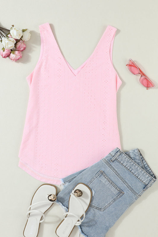 Solid Eyelet Knit V-Neck Loose Tank Top