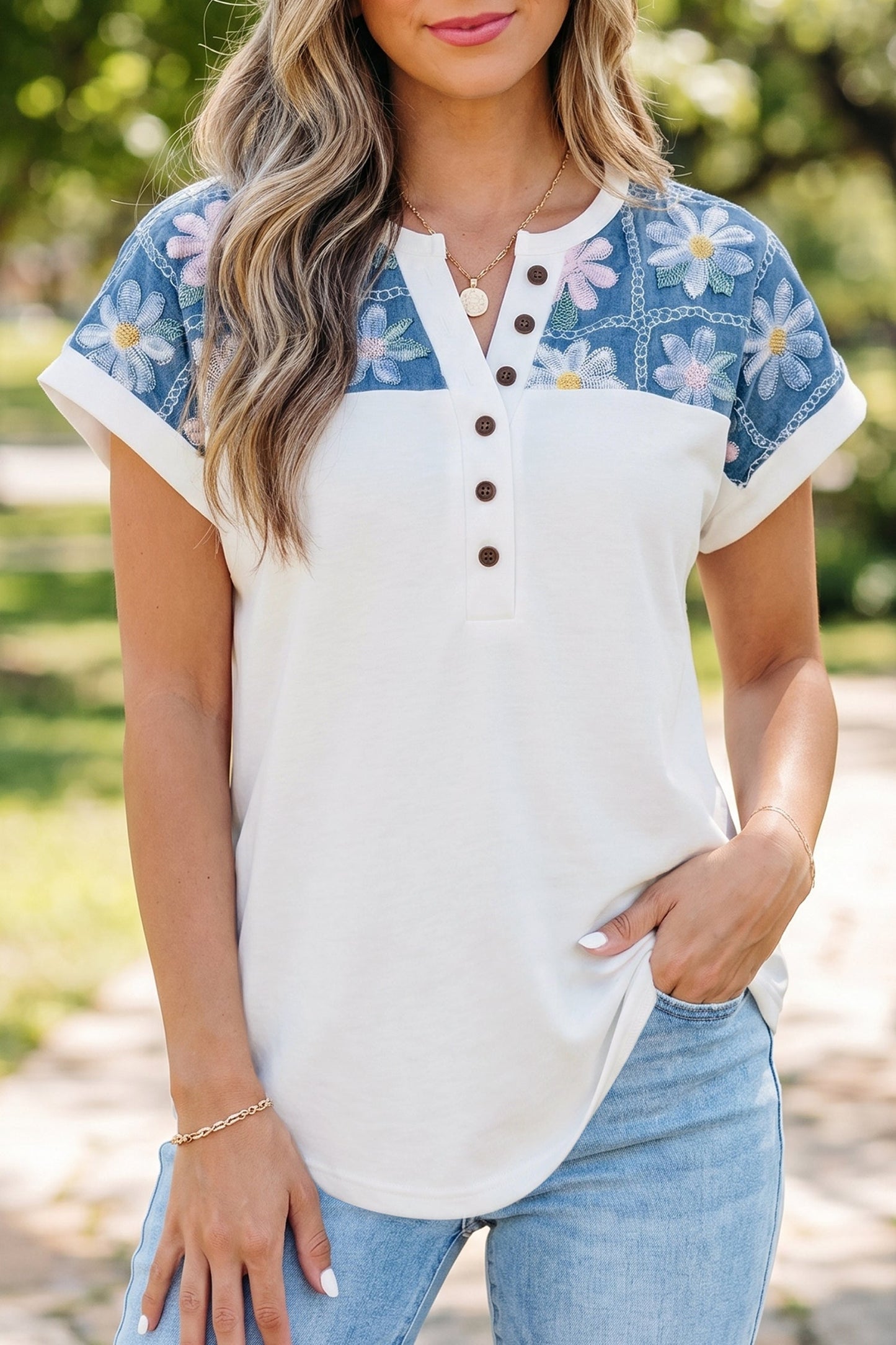 Floral Patchwork Short Sleeve Henley Blouse