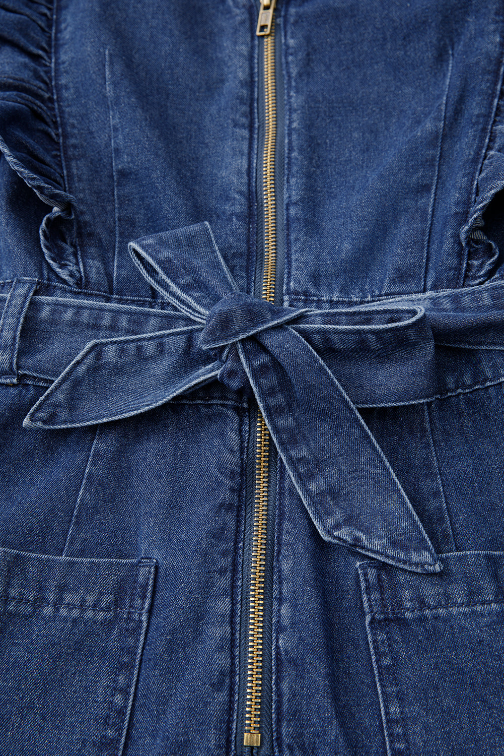 Denim Ruffle Sleeve Zip Front Belted Romper