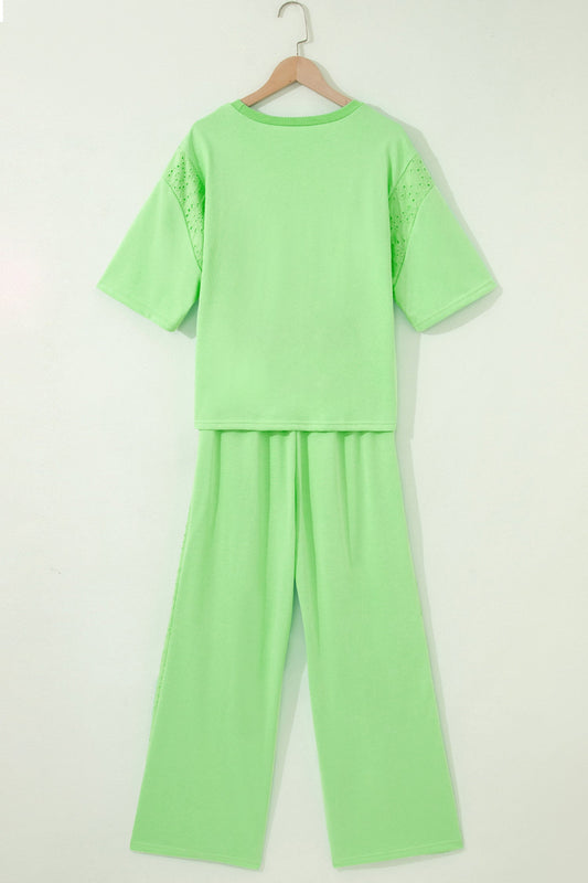 Solid Embroidered Eyelet Patchwork Top & Pants Set
