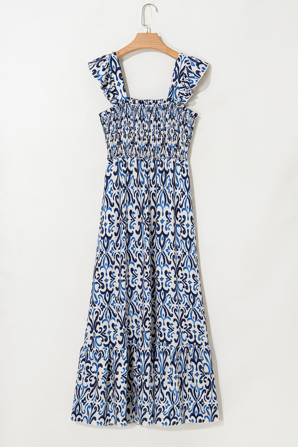 Abstract Boho Smocked Bodice High-Waist Maxi Dress