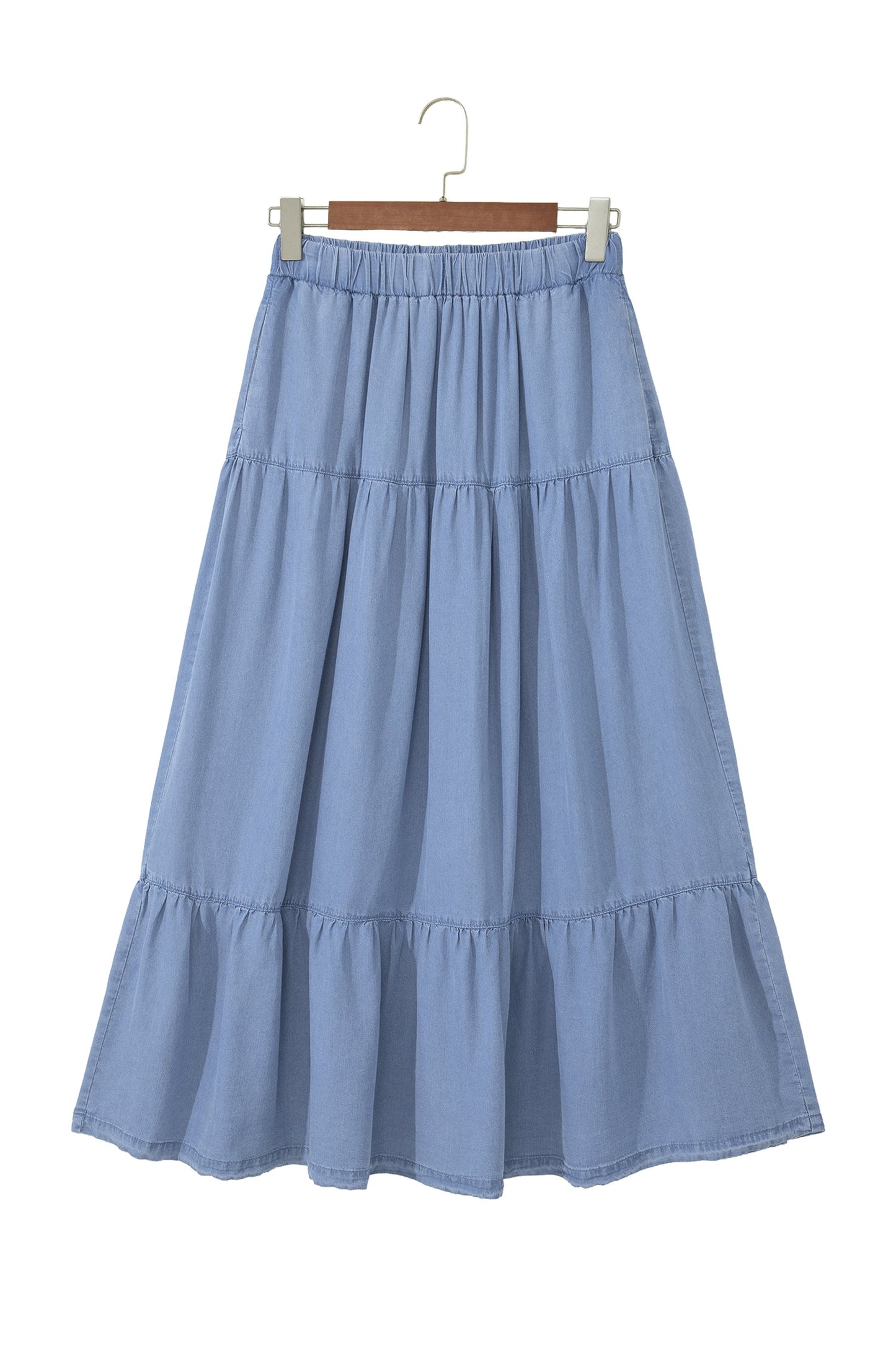 Denim Ruffle Tiered Flared Maxi Skirt