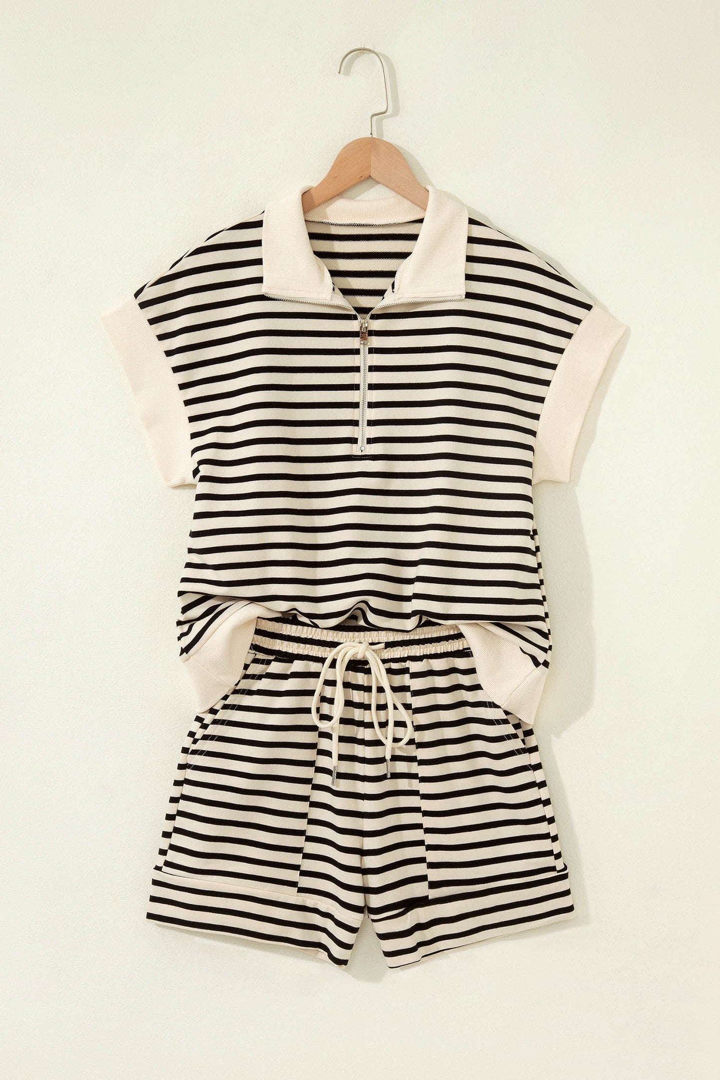 Stripe Colorblock Zip Polo & Drawstring Shorts Set