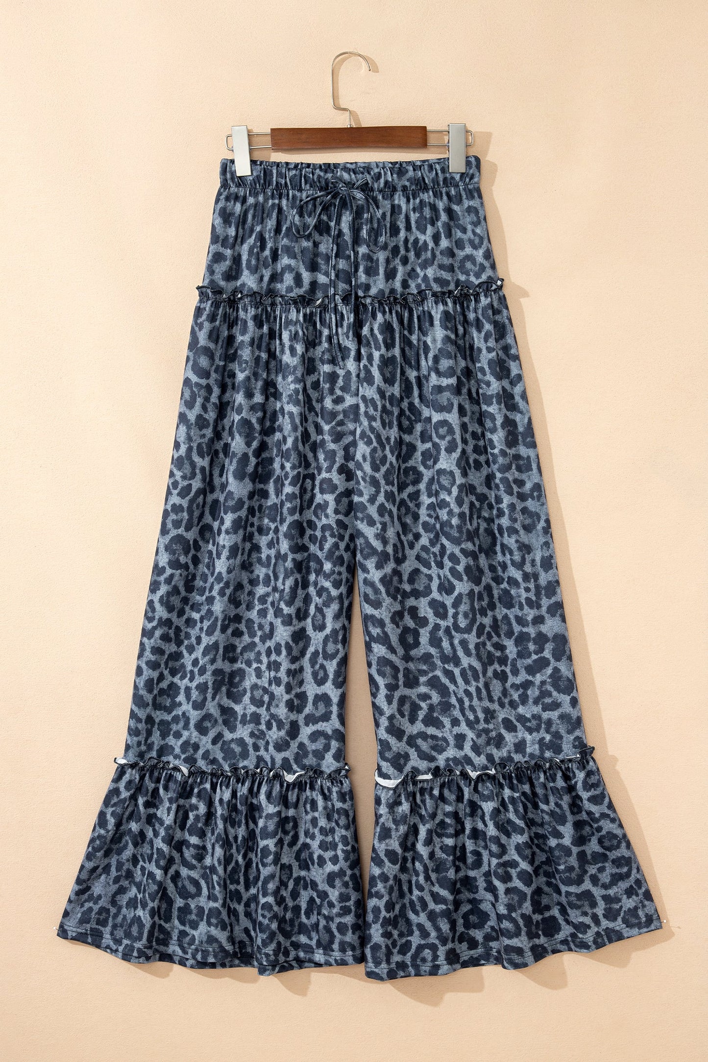 Leopard Frilled Drawstring Waist Wide Leg Pants