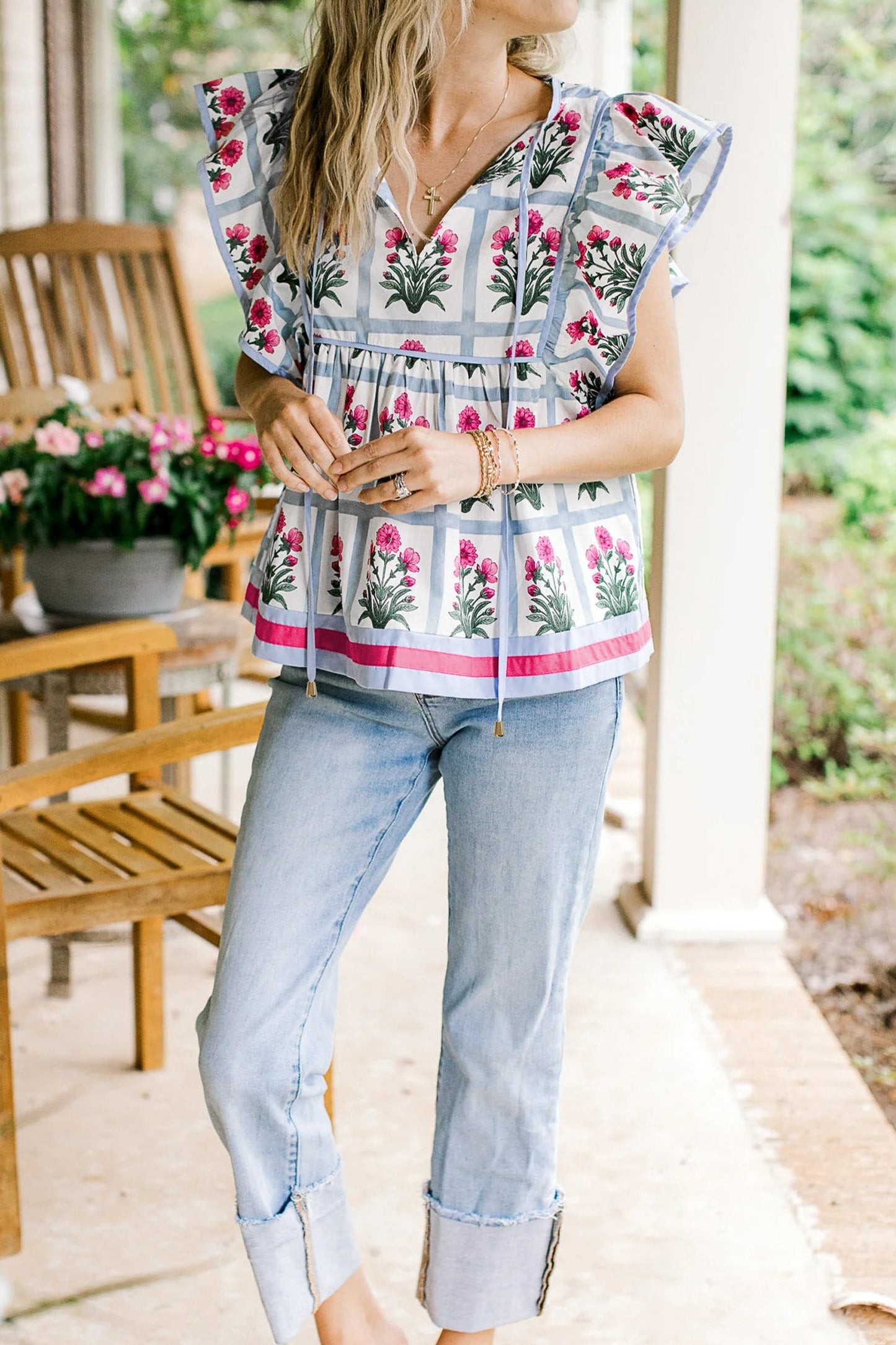 Floral Flutter Sleeve Split V-Neck Top