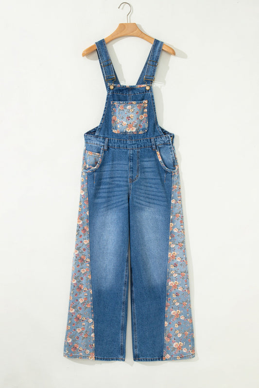 Floral Patchwork Bib Wide Leg Denim Overalls