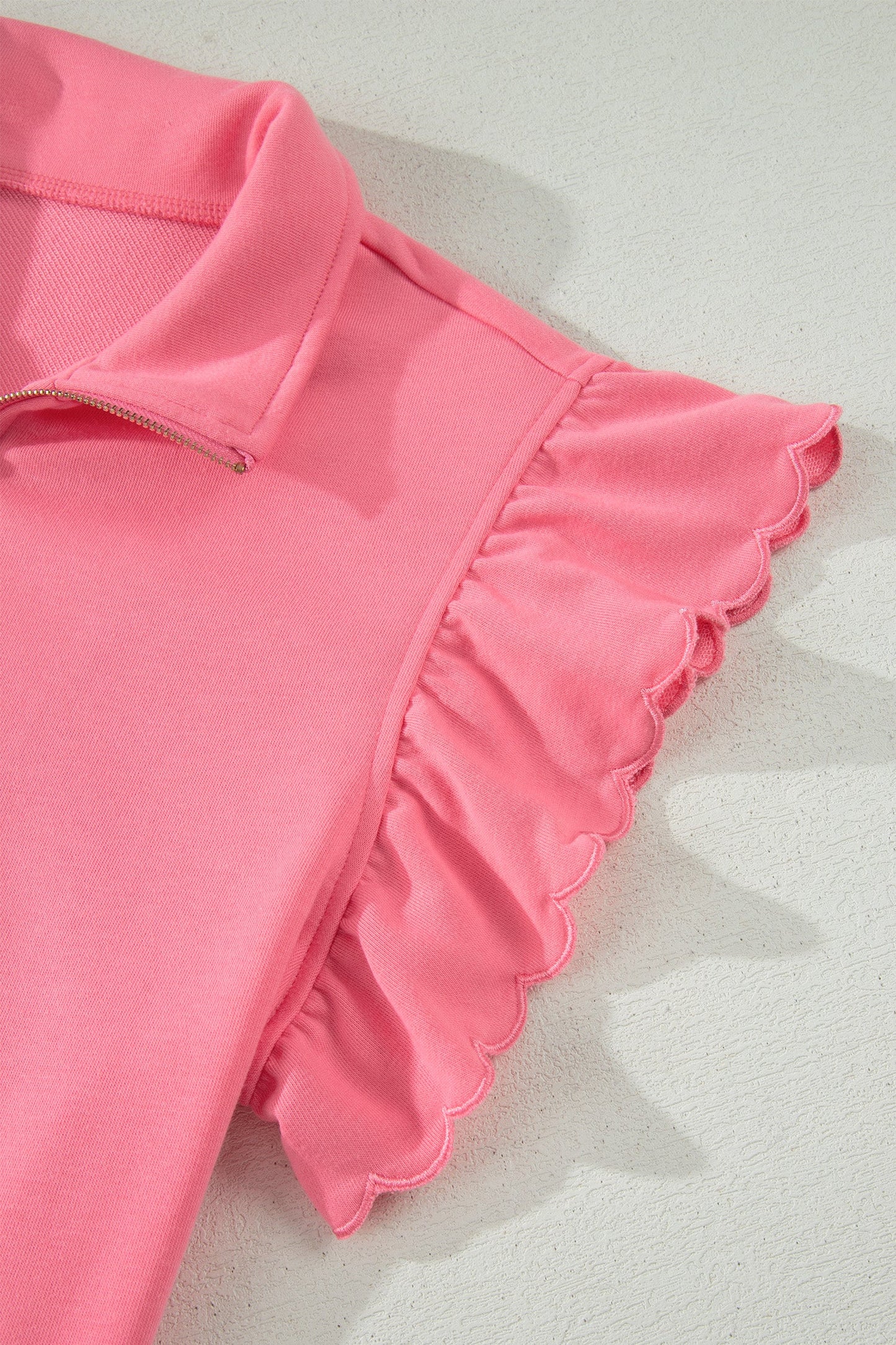 Solid Scalloped Ruffle Half Zip Top & Short Set
