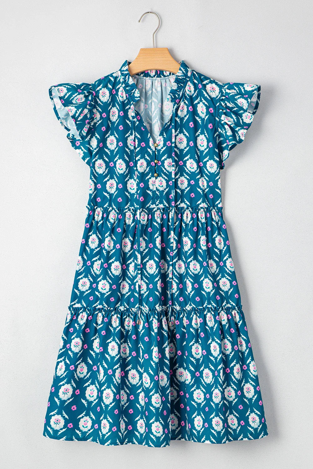 Floral Split Neck Ruffle Short Sleeve Dress