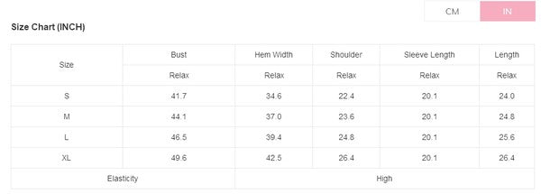 Size chart for clothing measurements in inches and centimeters