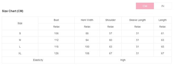 Size chart in centimeters with various measurements for clothing items.