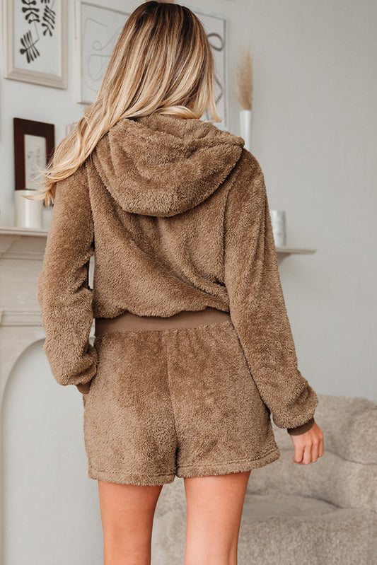 Sherpa Zip-Up Hoodie and Drawstring Shorts Set