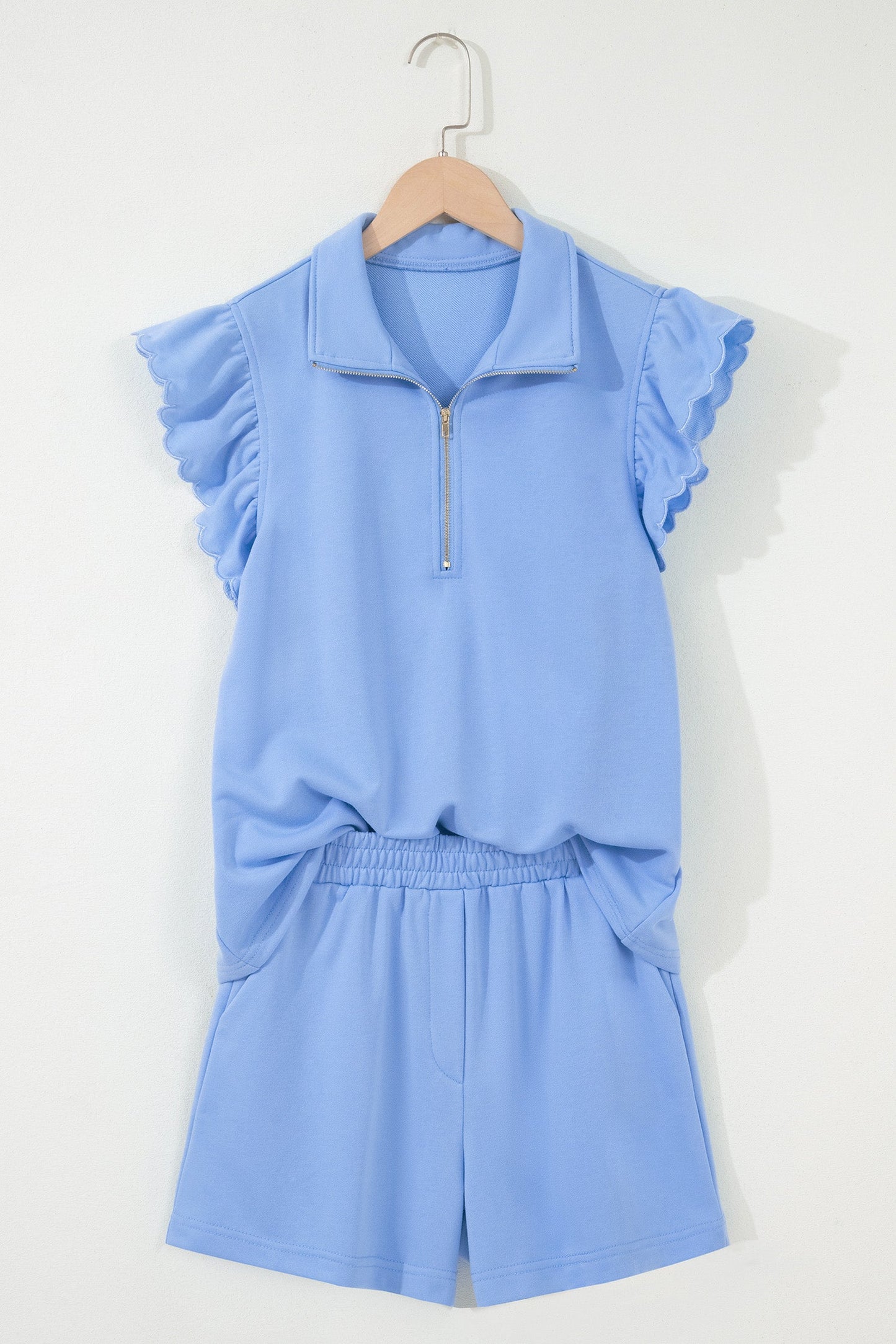 Solid Scalloped Ruffle Half Zip Top & Short Set