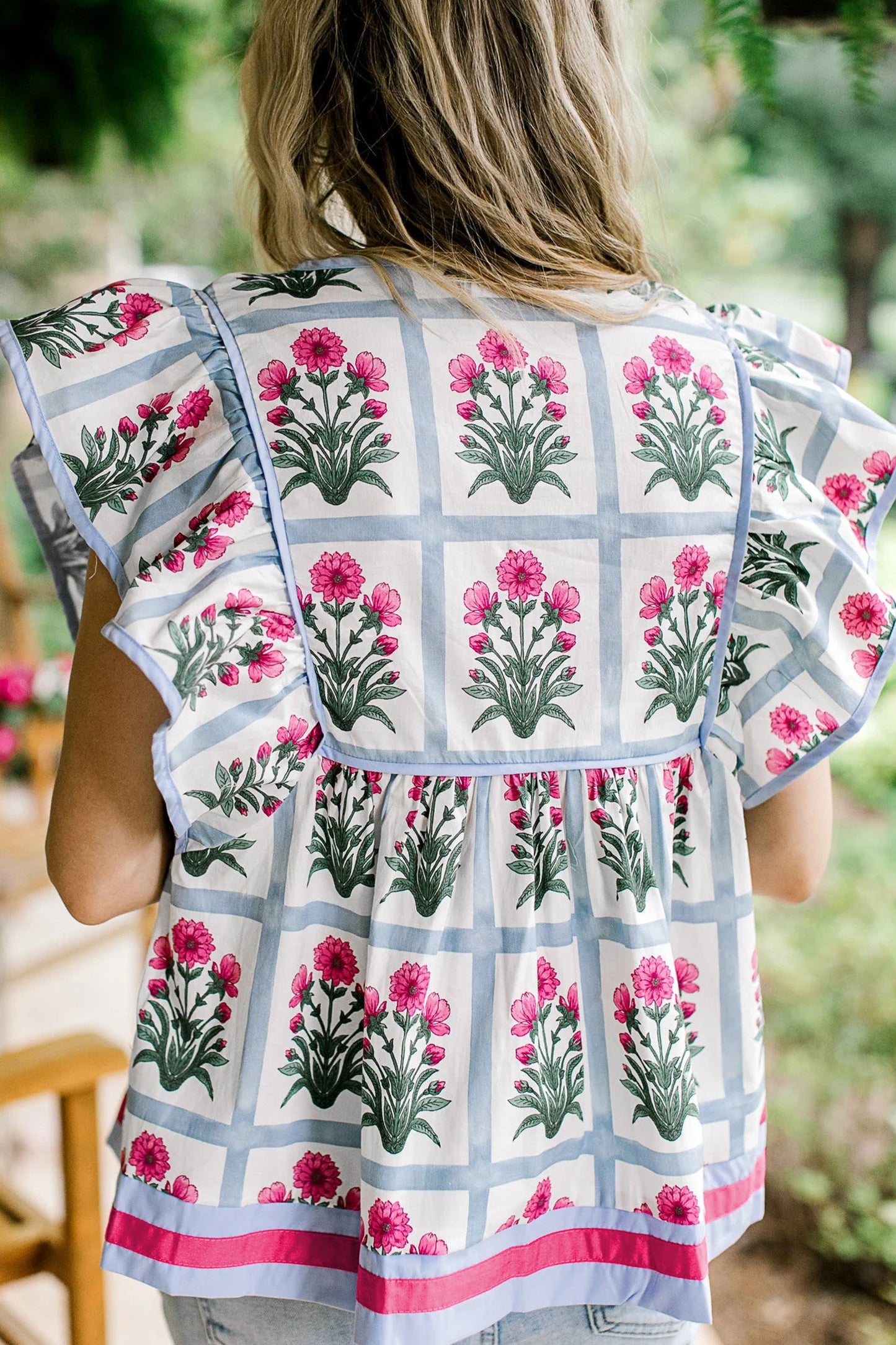 Floral Flutter Sleeve Split V-Neck Top