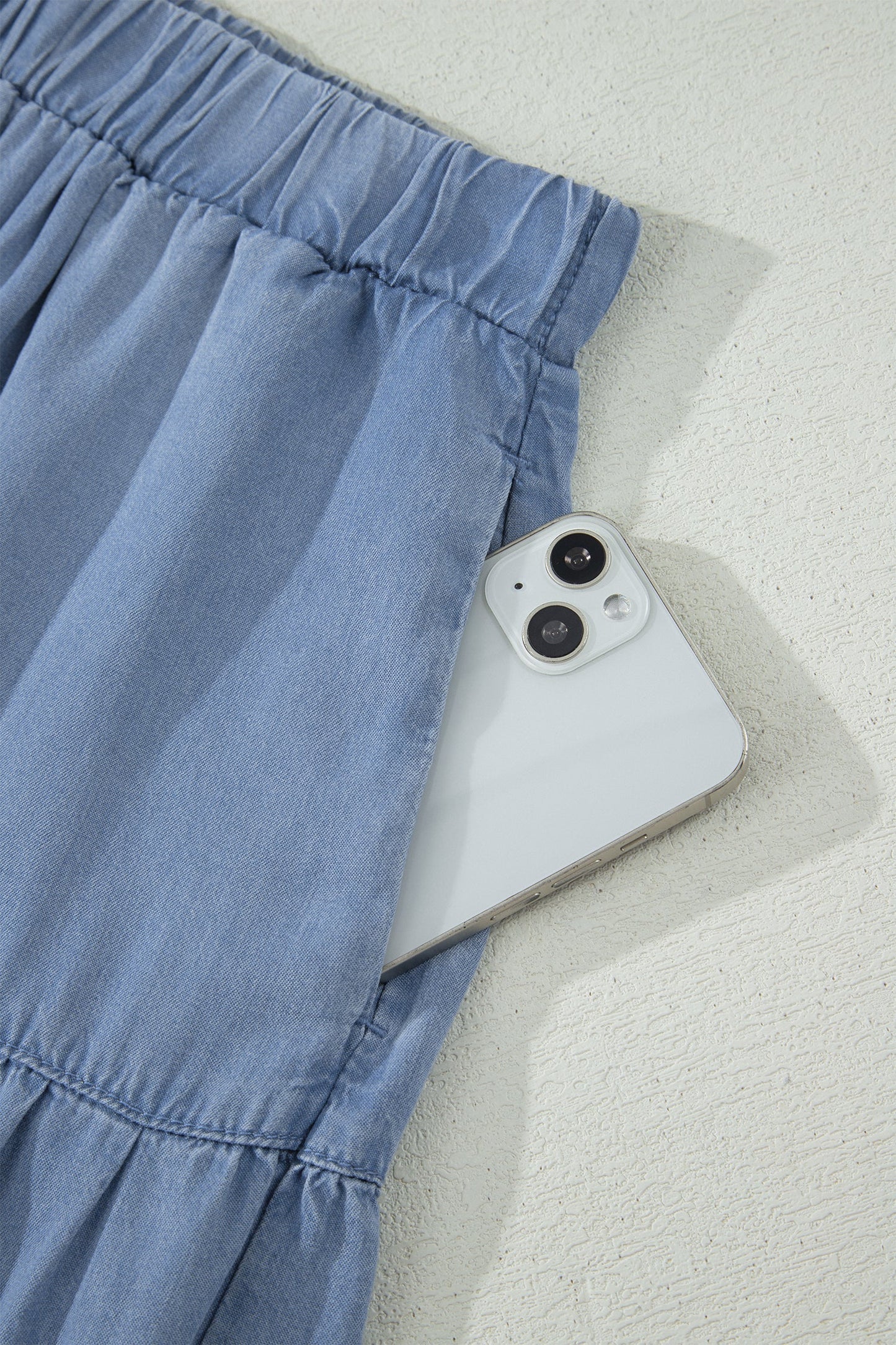 Denim Ruffle Tiered Flared Maxi Skirt
