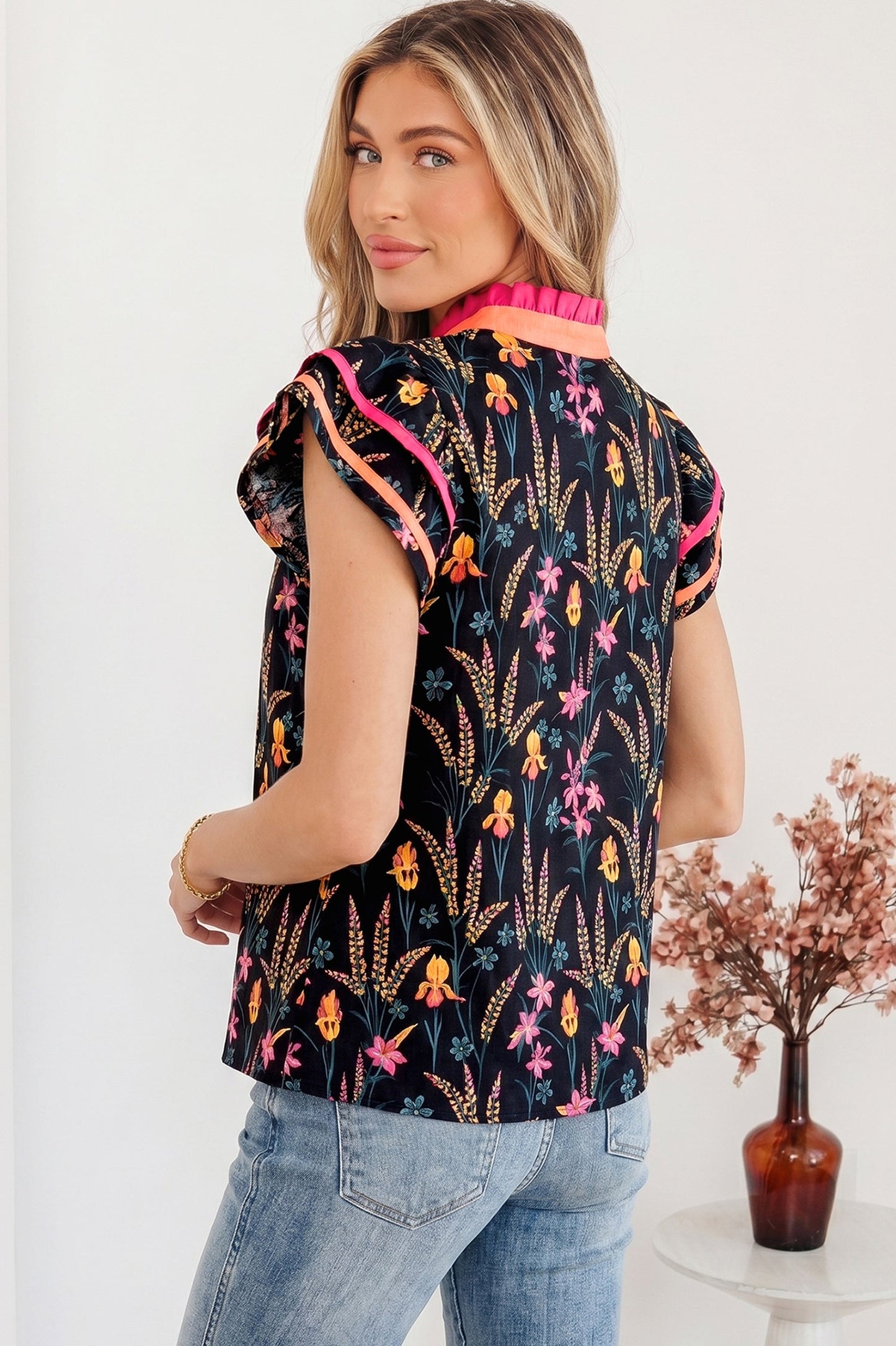 Floral Contrast Trim Tiered Ruffle Short Sleeve Blouse