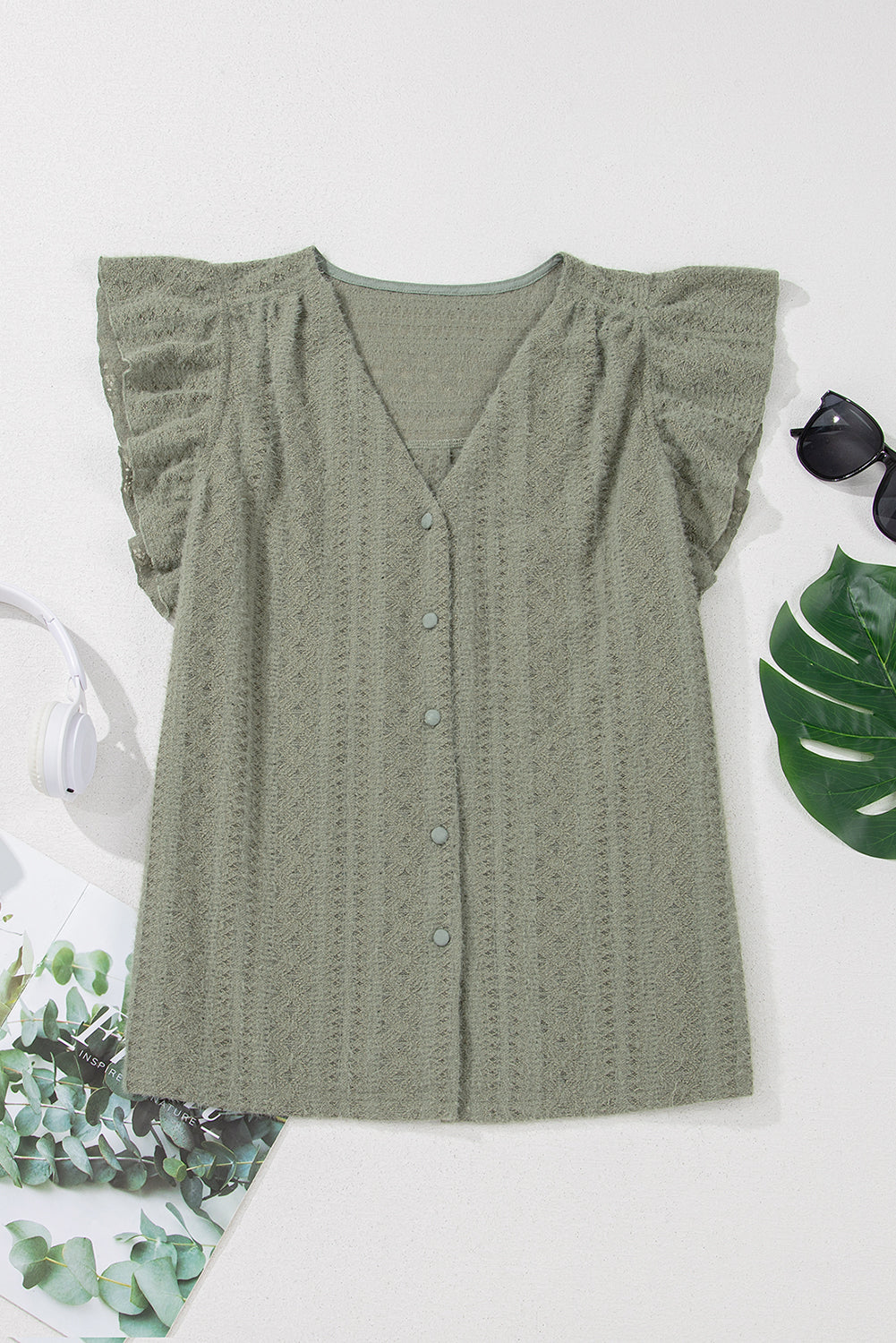 Lace Textured Flutter Sleeve Buttoned V-Neck Shirt