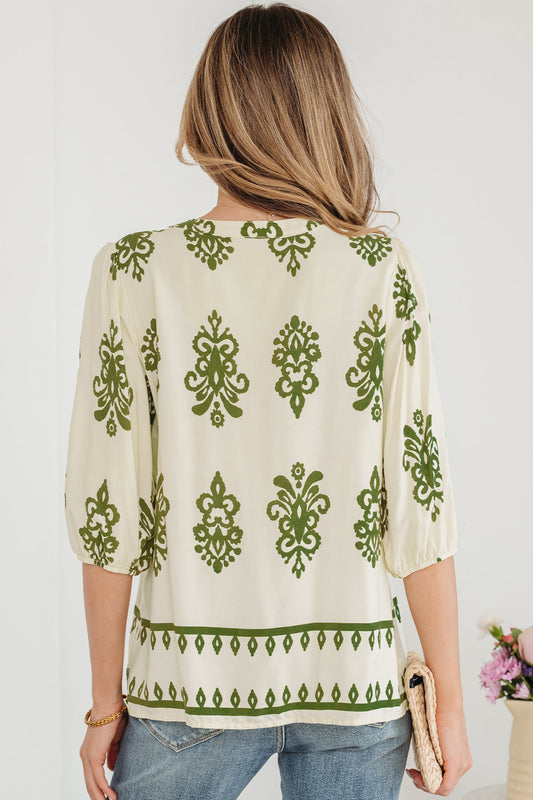 Boho Abstract Tie V-Neck Puff Sleeve Shirt