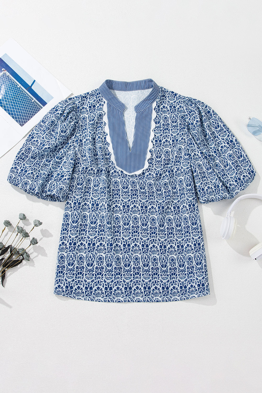 Floral Stripe Contrast Ric-Rac Puff Sleeve Top