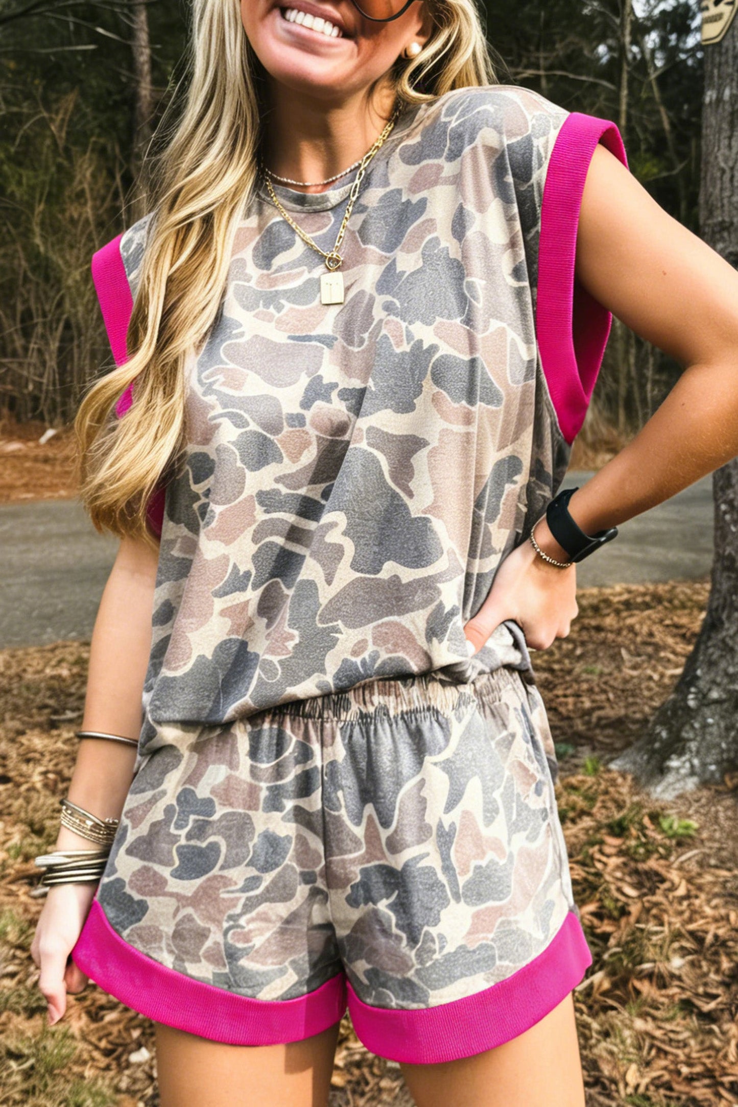 Camo Contrast Trim Tank & Elastic Waist Shorts Set