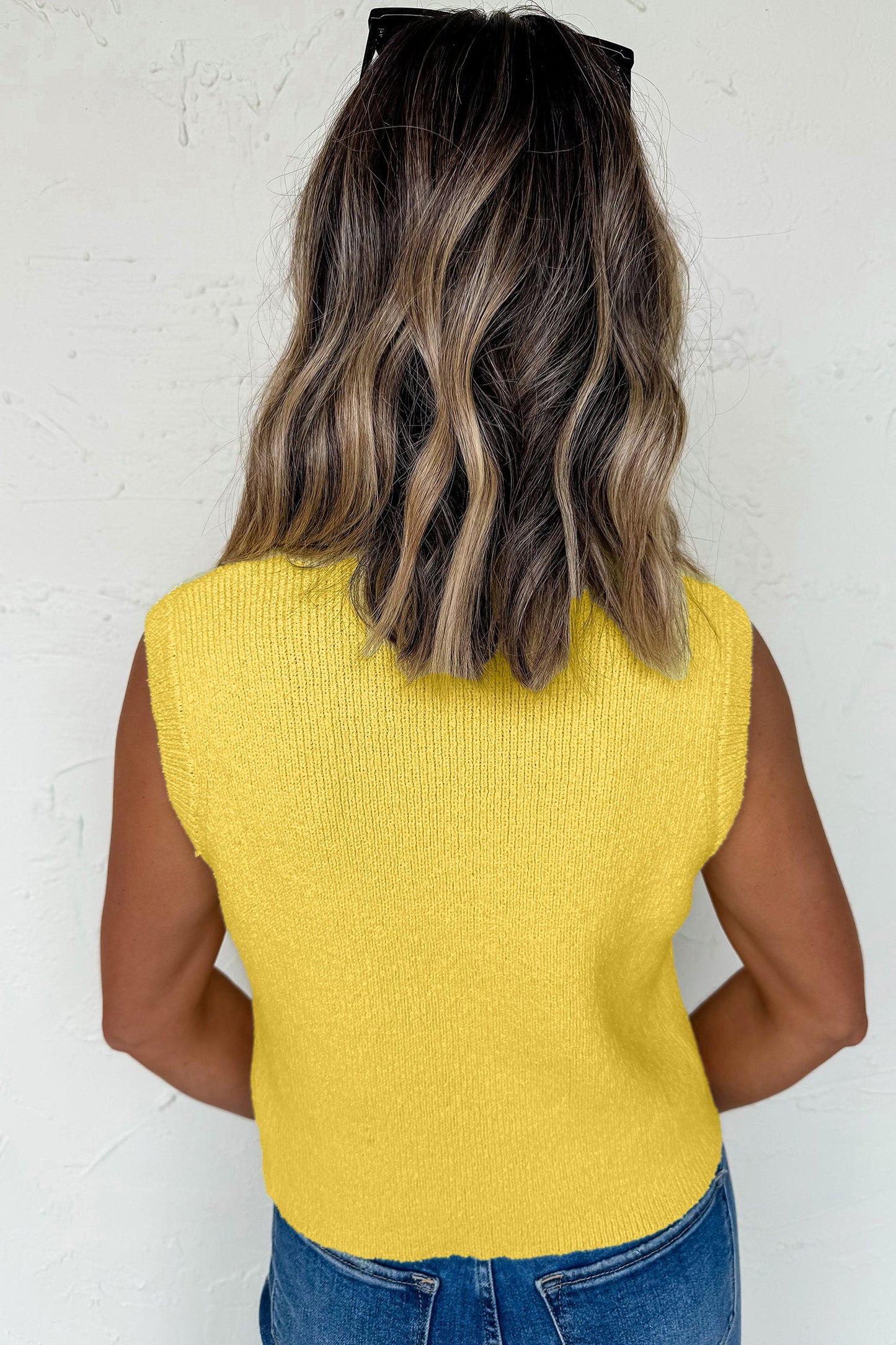 Solid Knit Sleeveless Button Front Pocketed Sweater