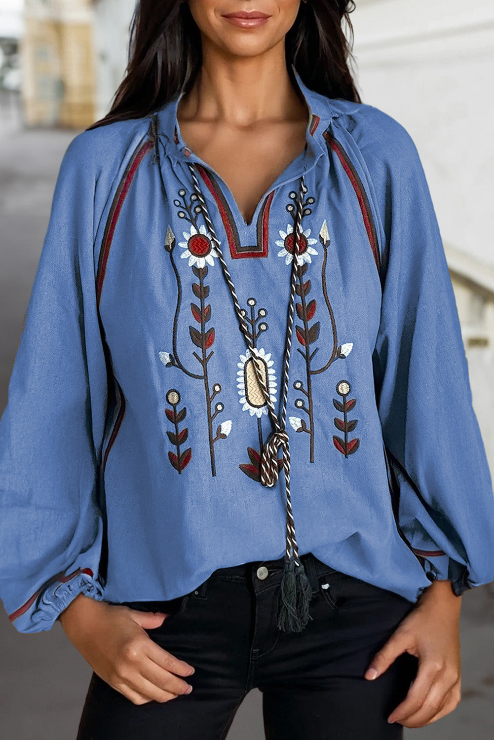 Floral Embroidered Tassel-Tie Puff Sleeve Blouse
