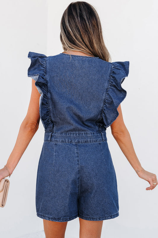 Denim Ruffle Sleeve Zip Front Belted Romper
