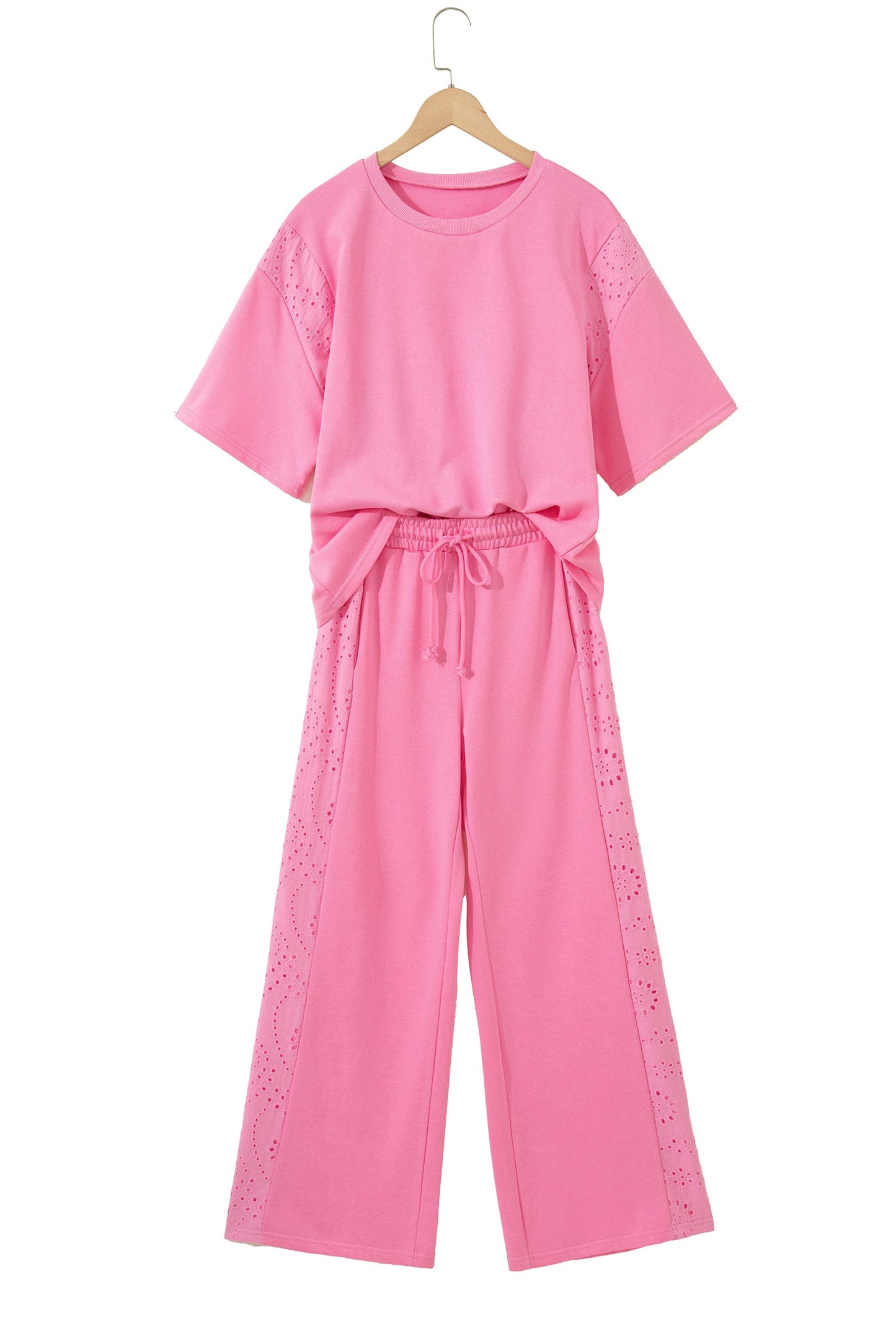 Solid Embroidered Eyelet Patchwork Top & Pants Set