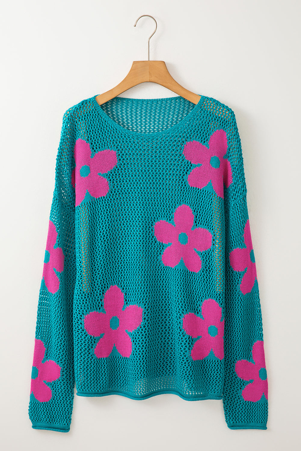 Floral Hollowed Knit Drop Shoulder Pullover Sweater