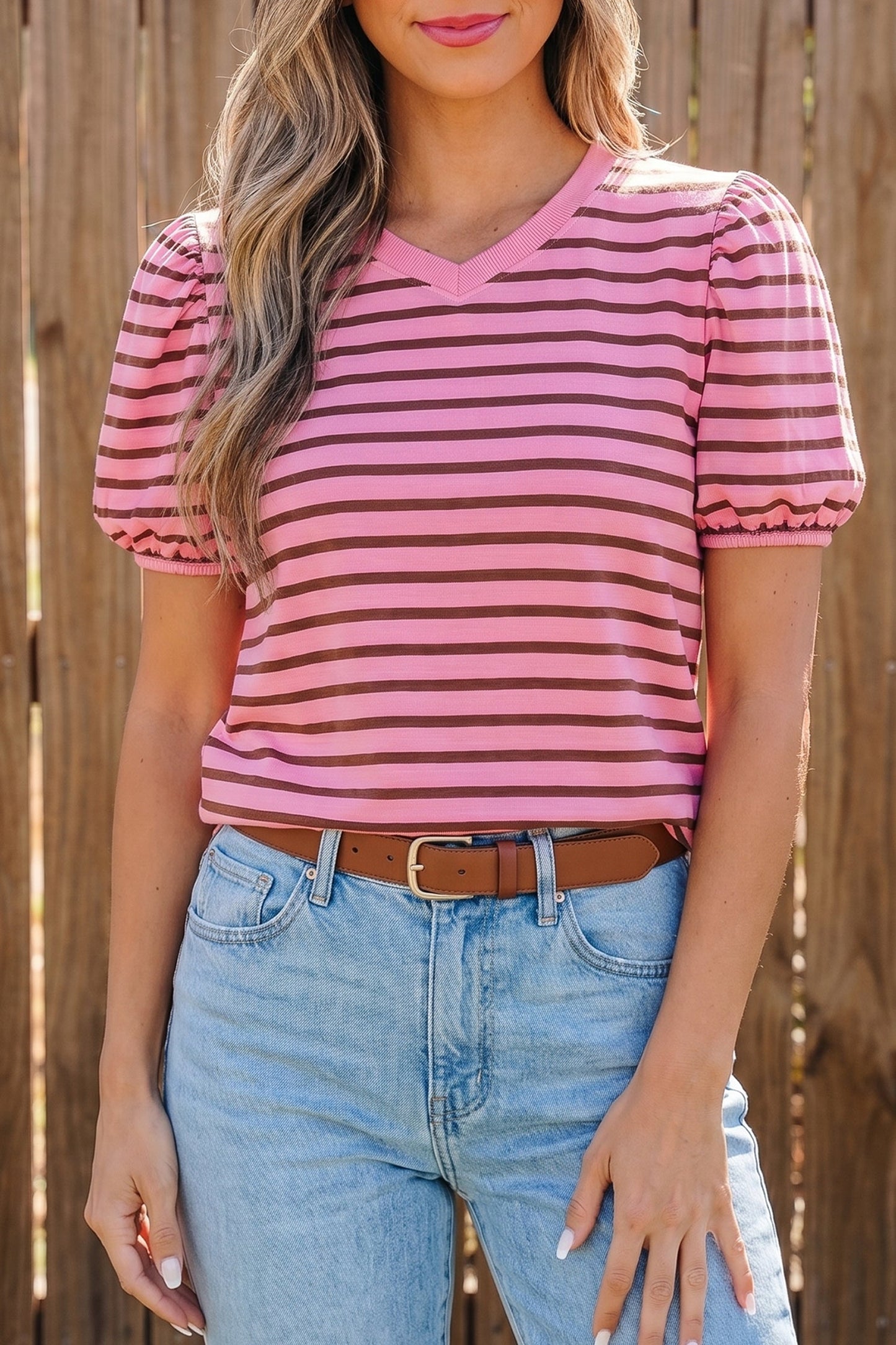 Stripe Ribbed Trim V-Neck Puff Sleeve Top